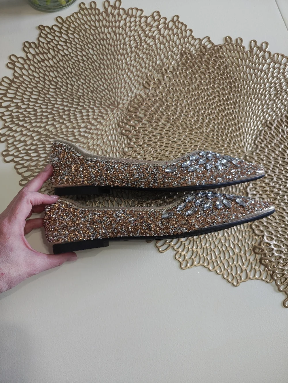 Embellished Rose Gold Pointed Toe Flats NWOT 39